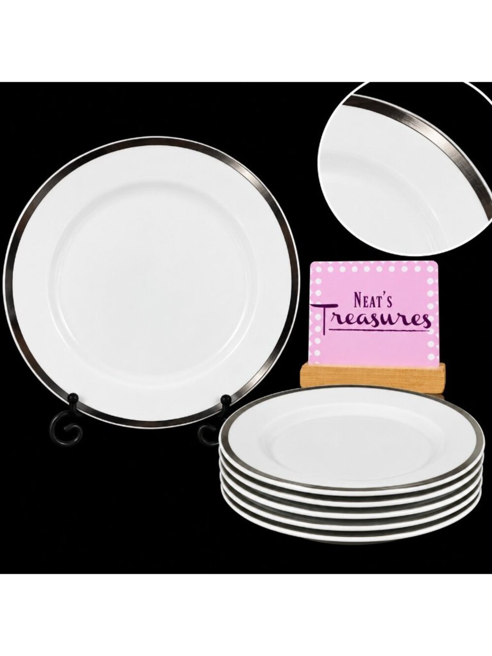 Sheffield China MONACO Thick Platinum Trim White Porcelain Salad Plates Set of 6